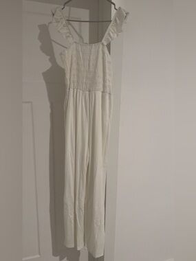 Amazon Cream White Smocked Jumpsuit with Ruffle Straps